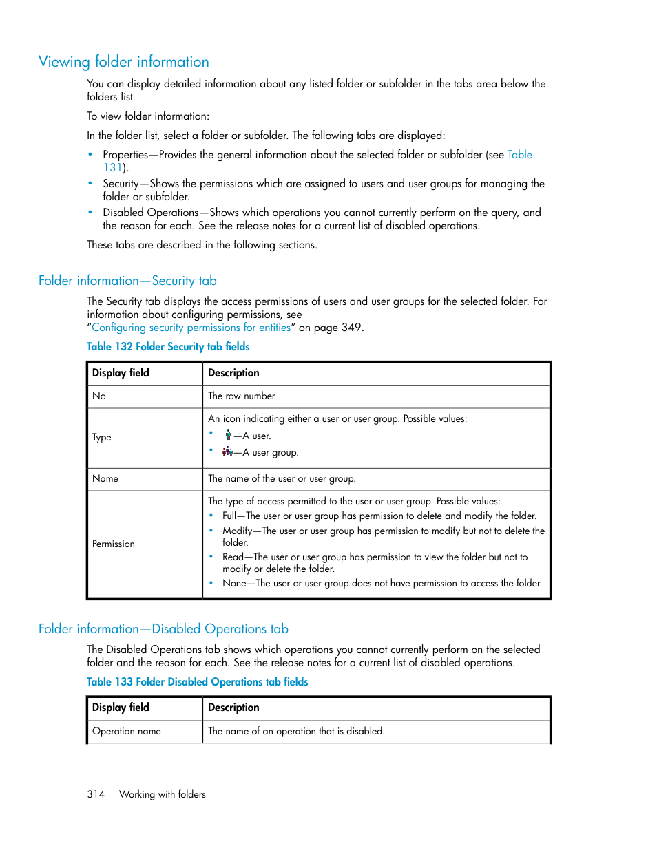 Viewing folder information, Folder information—security tab, Folder information—disabled operations tab | 314 folder information—disabled operations tab, Folder security tab fields, Folder disabled operations tab fields | HP SAN Virtualization Services Platform User Manual | Page 314 / 398