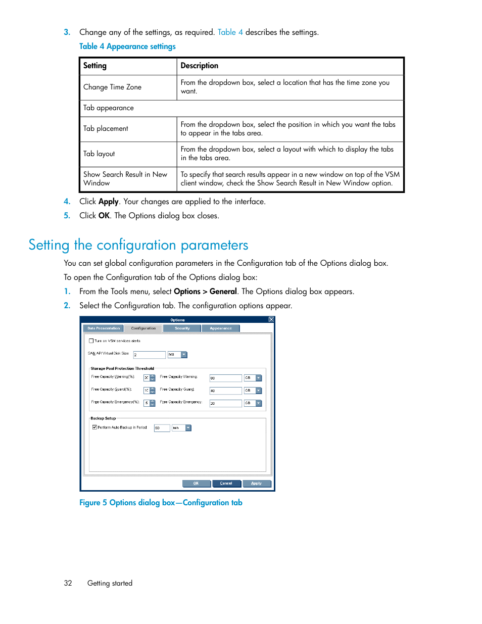 Setting the configuration parameters, Options dialog box—configuration tab, Appearance settings | HP SAN Virtualization Services Platform User Manual | Page 32 / 398