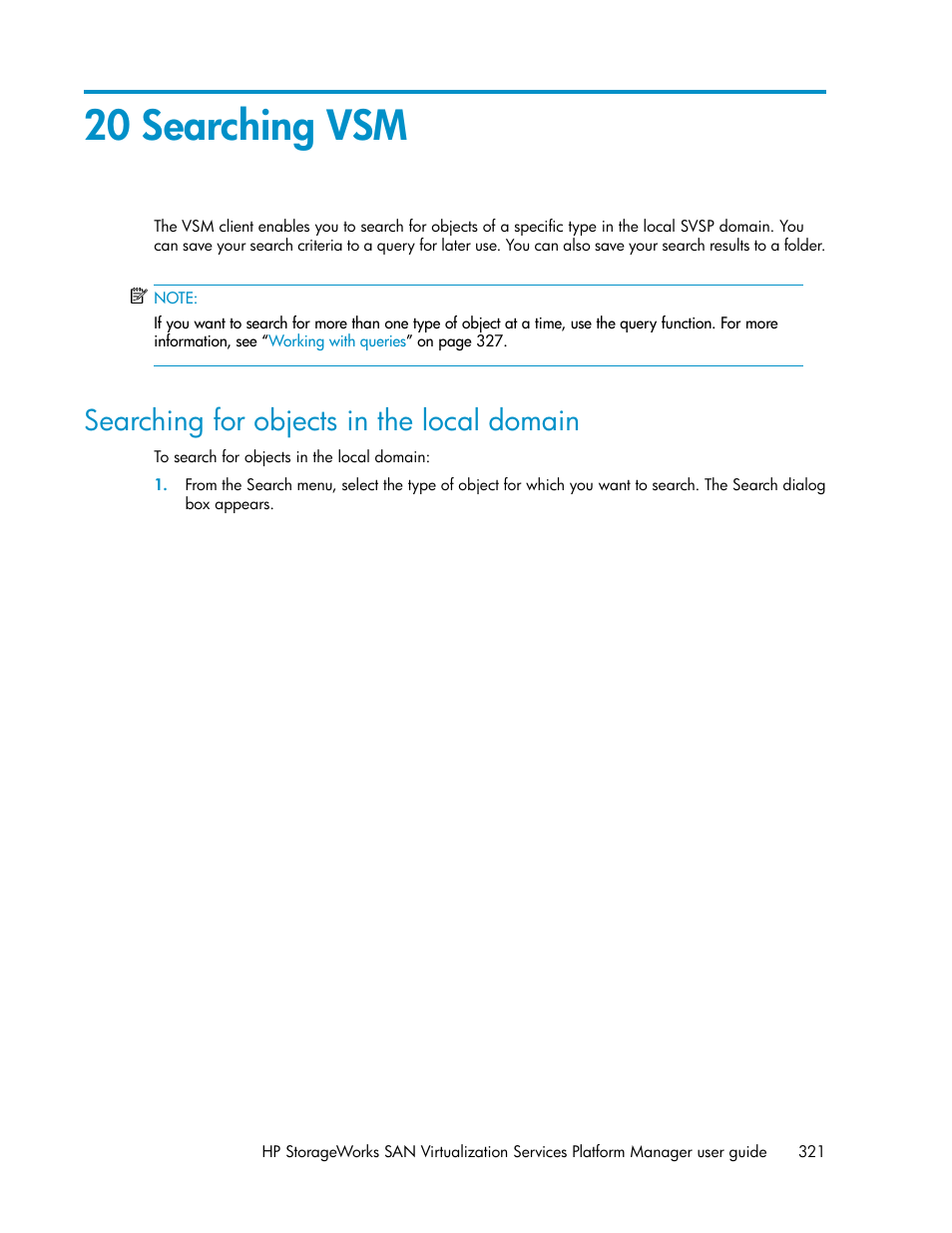 20 searching vsm, Searching for objects in the local domain | HP SAN Virtualization Services Platform User Manual | Page 321 / 398
