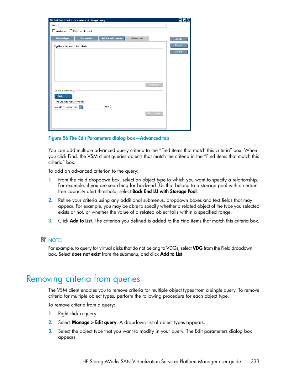 Removing criteria from queries, The edit parameters dialog box—advanced tab | HP SAN Virtualization Services Platform User Manual | Page 333 / 398