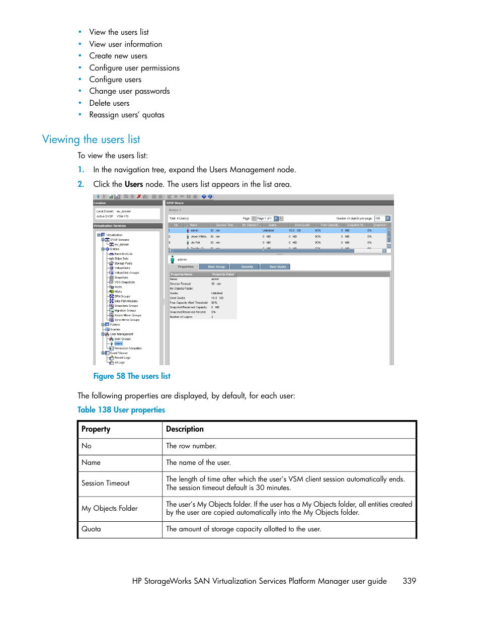 Viewing the users list, The users list, User properties | HP SAN Virtualization Services Platform User Manual | Page 339 / 398