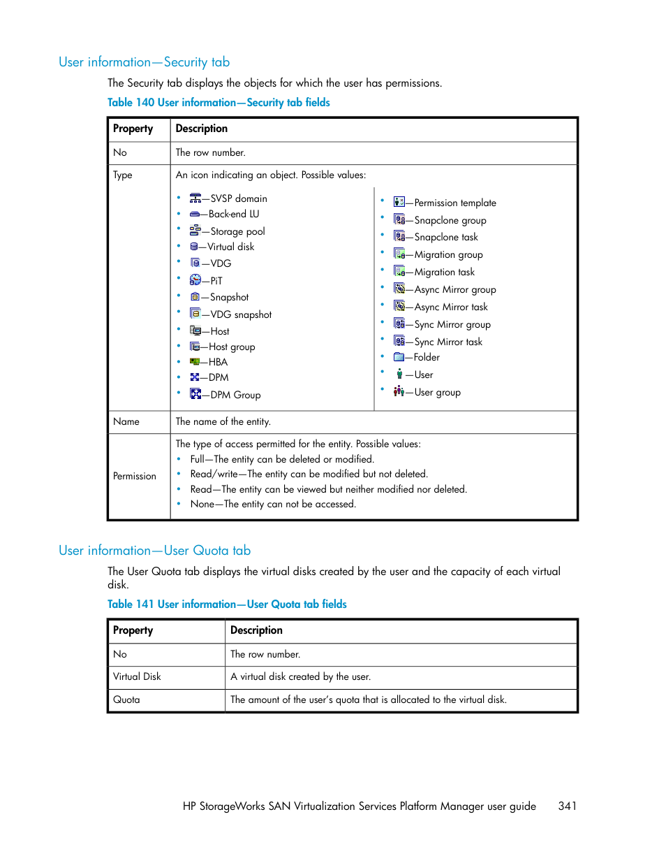 User information—security tab, User information—user quota tab, 341 user information—user quota tab | User information—security tab fields, User information—user quota tab fields | HP SAN Virtualization Services Platform User Manual | Page 341 / 398