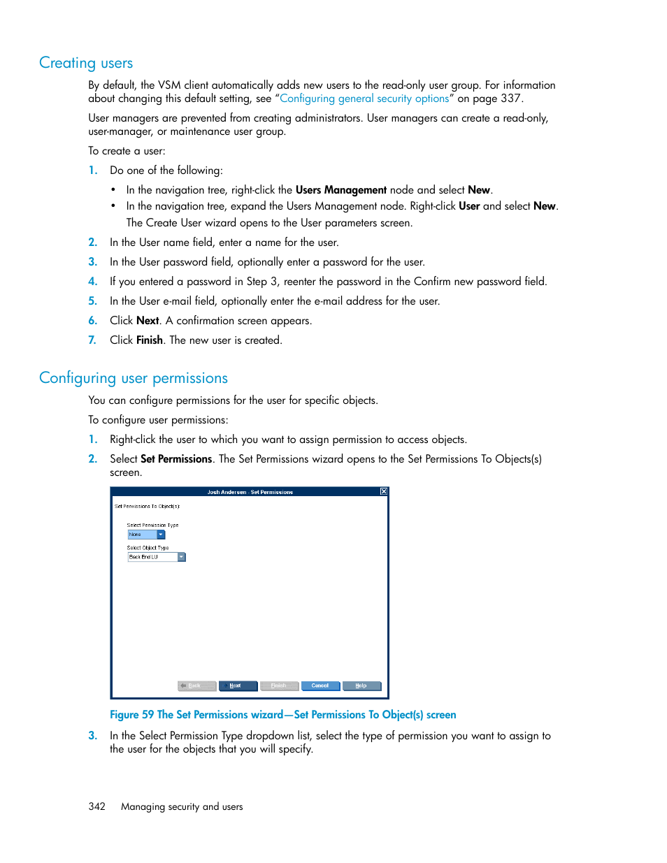 Creating users, Configuring user permissions, 342 configuring user permissions | HP SAN Virtualization Services Platform User Manual | Page 342 / 398