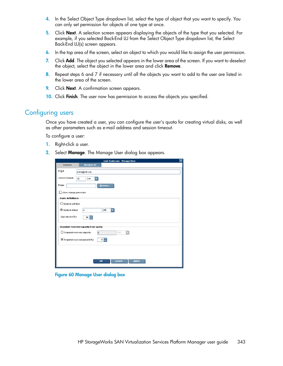 Configuring users, Manage user dialog box | HP SAN Virtualization Services Platform User Manual | Page 343 / 398