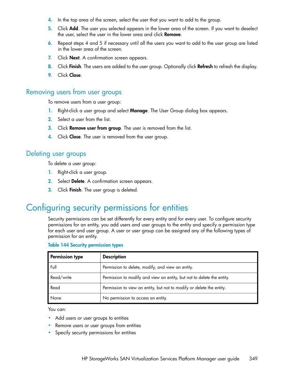 Removing users from user groups, Deleting user groups, Configuring security permissions for entities | 349 deleting user groups, Security permission types | HP SAN Virtualization Services Platform User Manual | Page 349 / 398