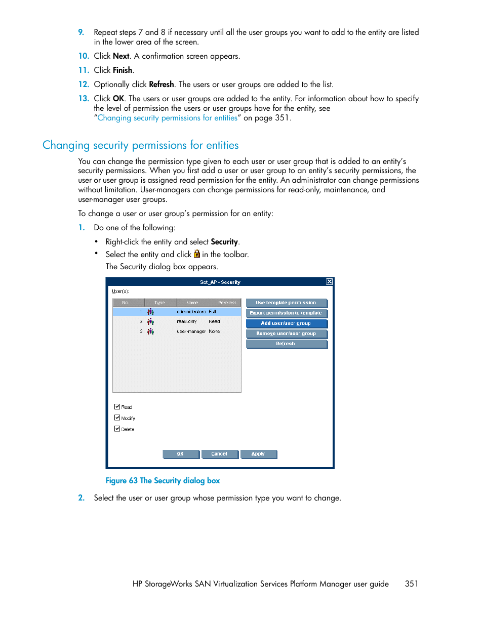 Changing security permissions for entities, The security dialog box | HP SAN Virtualization Services Platform User Manual | Page 351 / 398