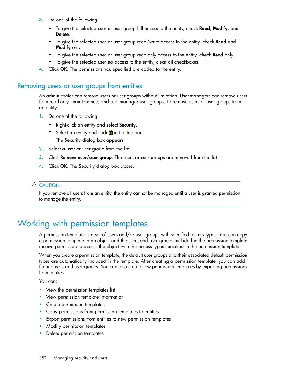 Removing users or user groups from entities, Working with permission templates | HP SAN Virtualization Services Platform User Manual | Page 352 / 398