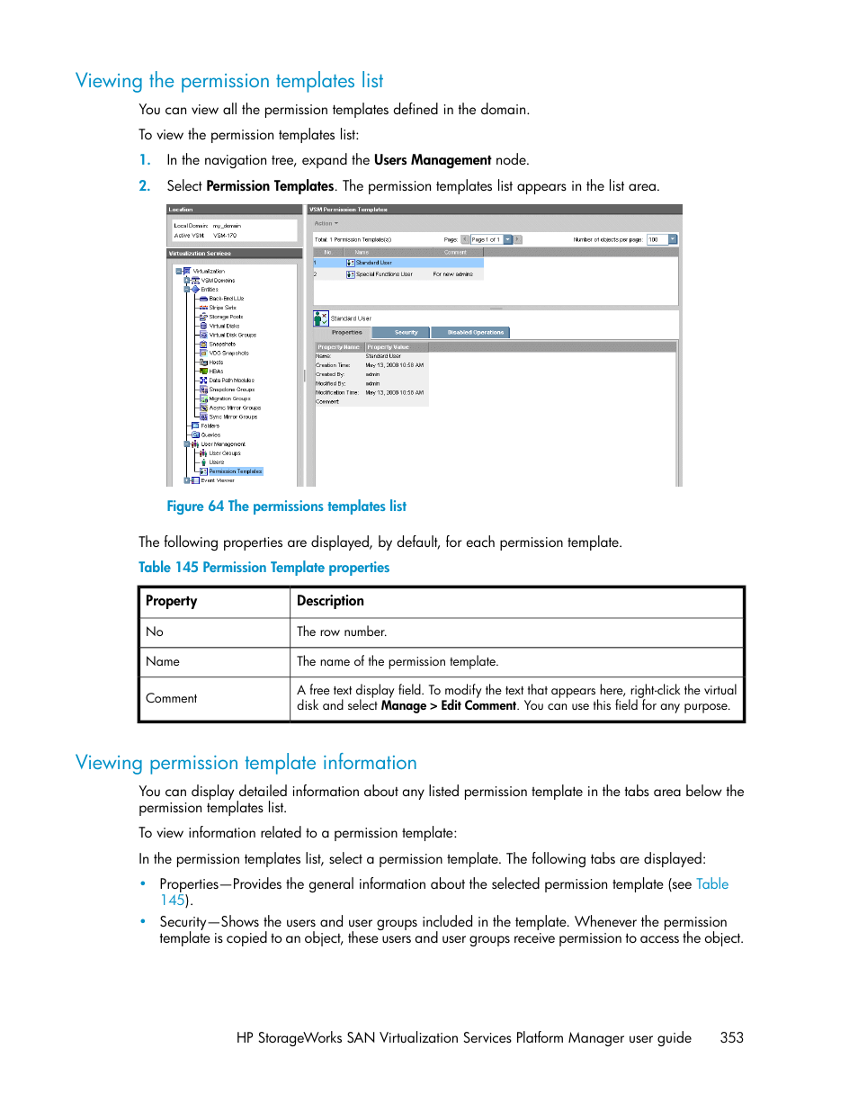 Viewing the permission templates list, Viewing permission template information, 353 viewing permission template information | The permissions templates list, Permission template properties | HP SAN Virtualization Services Platform User Manual | Page 353 / 398