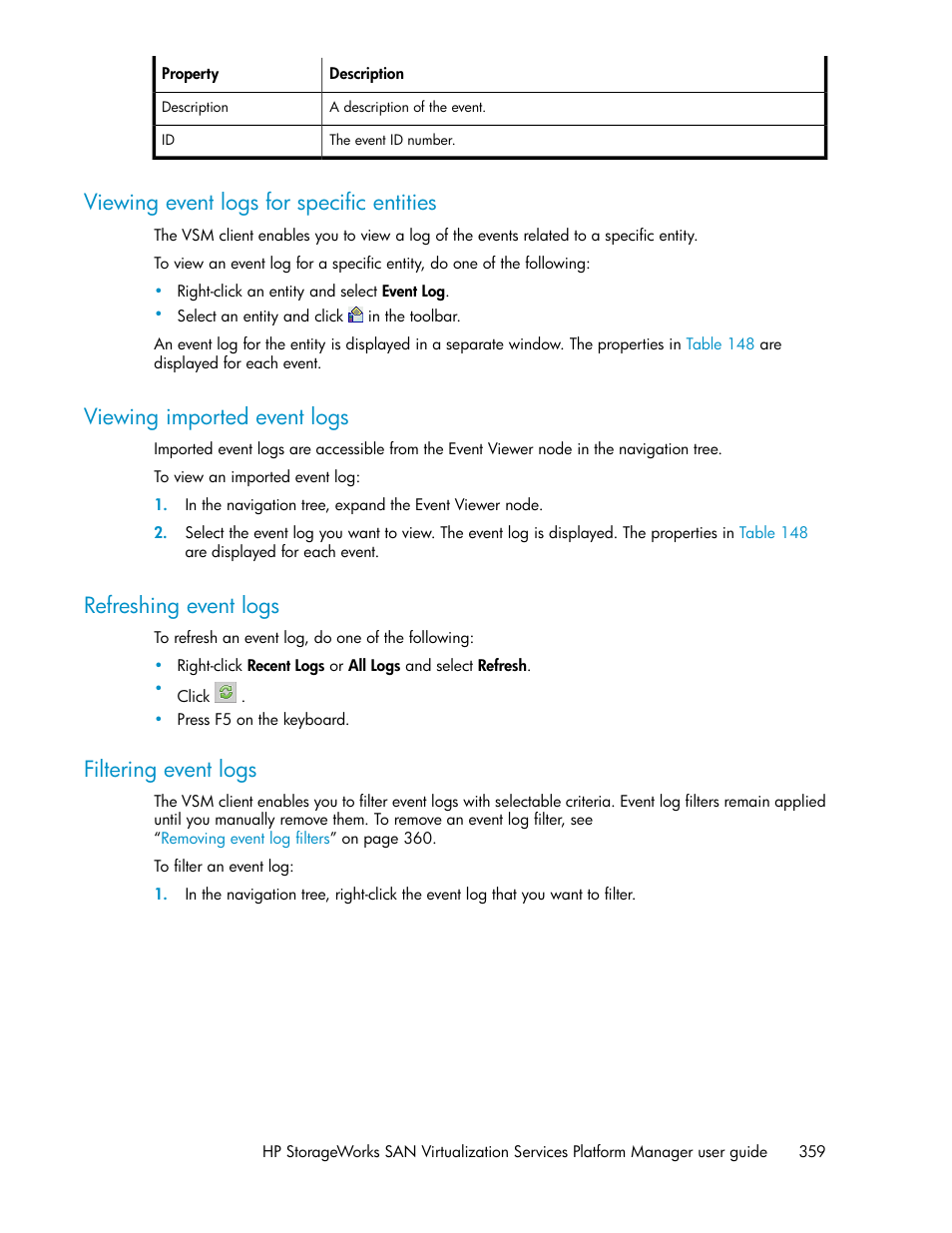 Viewing event logs for specific entities, Viewing imported event logs, Refreshing event logs | Filtering event logs, 359 viewing imported event logs, 359 refreshing event logs, 359 filtering event logs | HP SAN Virtualization Services Platform User Manual | Page 359 / 398