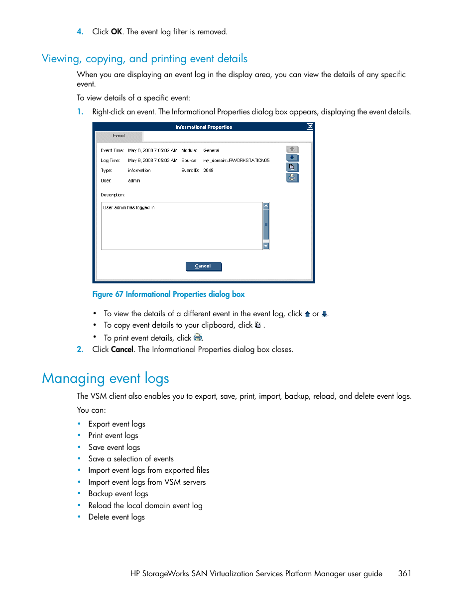 Viewing, copying, and printing event details, Managing event logs, Informational properties dialog box | HP SAN Virtualization Services Platform User Manual | Page 361 / 398