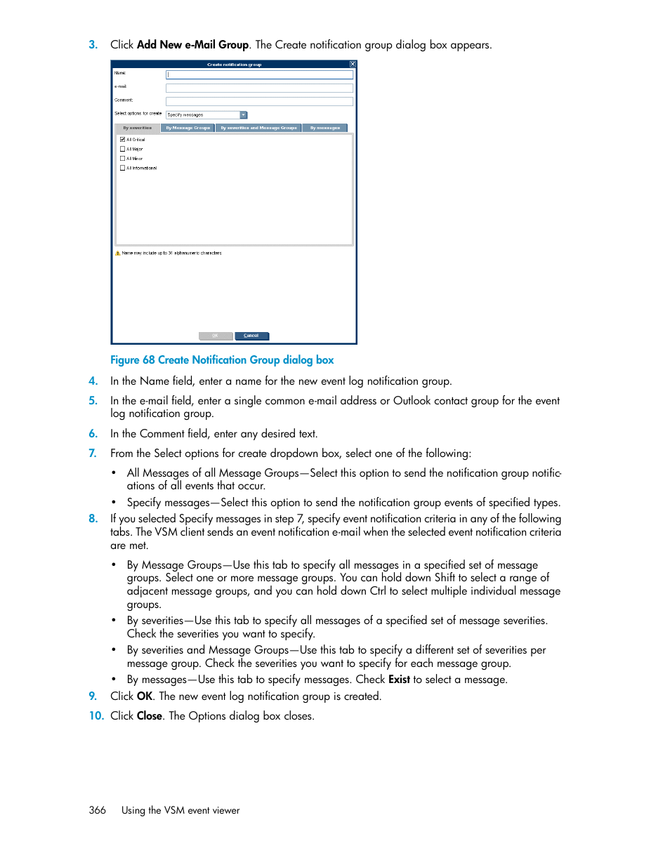 Create notification group dialog box | HP SAN Virtualization Services Platform User Manual | Page 366 / 398