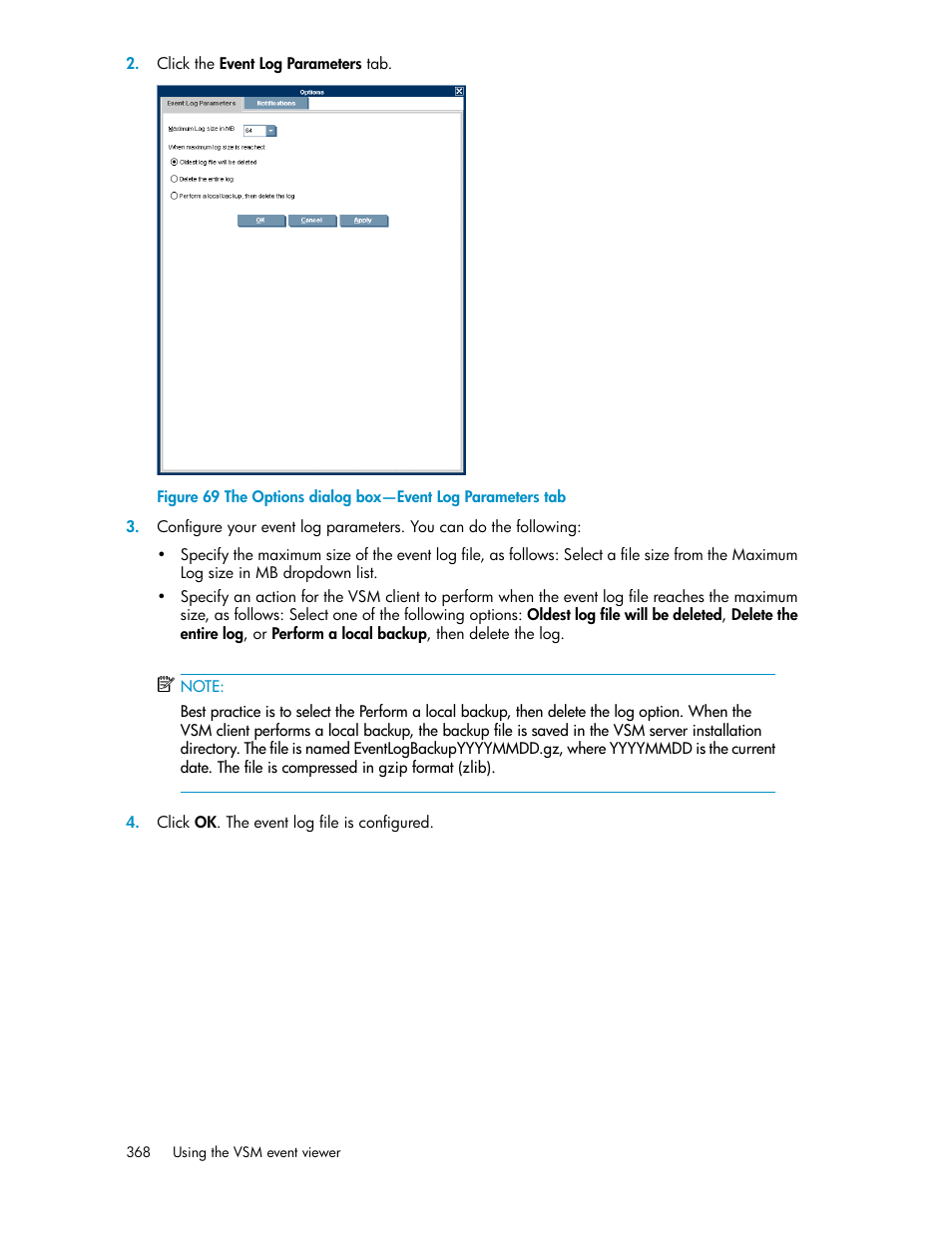 The options dialog box—event log parameters tab | HP SAN Virtualization Services Platform User Manual | Page 368 / 398