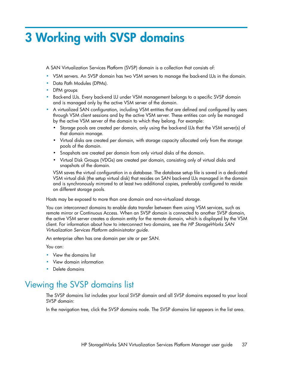 3 working with svsp domains, Viewing the svsp domains list | HP SAN Virtualization Services Platform User Manual | Page 37 / 398