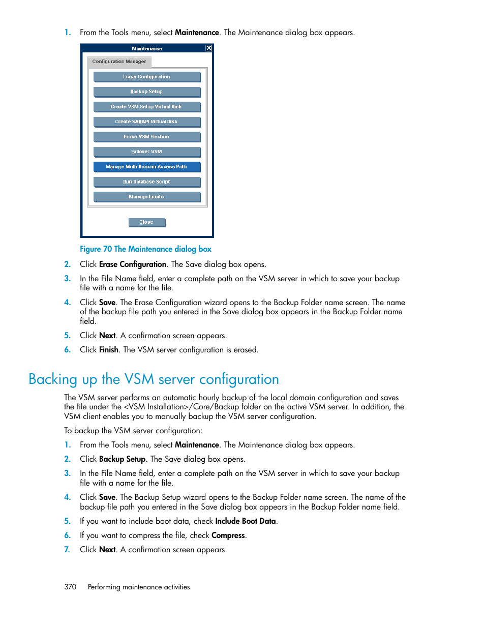 Backing up the vsm server configuration, The maintenance dialog box | HP SAN Virtualization Services Platform User Manual | Page 370 / 398