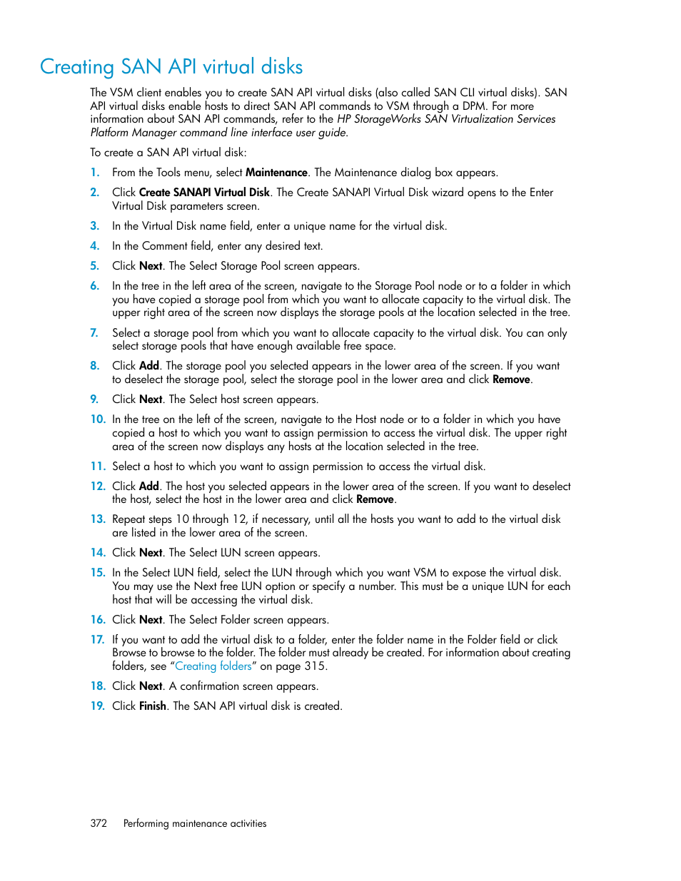 Creating san api virtual disks | HP SAN Virtualization Services Platform User Manual | Page 372 / 398