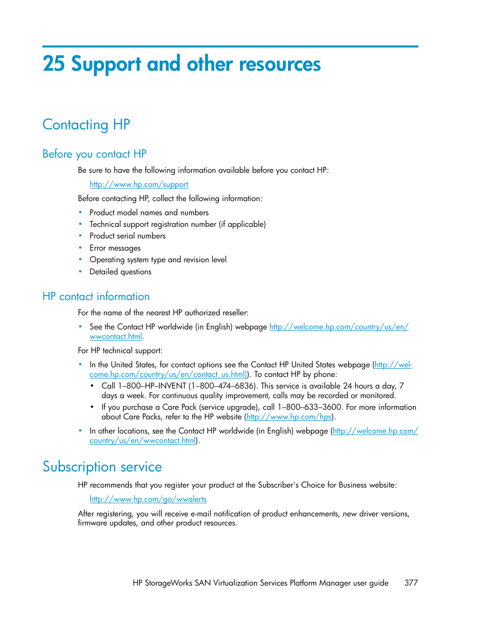 25 support and other resources, Contacting hp, Before you contact hp | Hp contact information, Subscription service, 377 hp contact information | HP SAN Virtualization Services Platform User Manual | Page 377 / 398