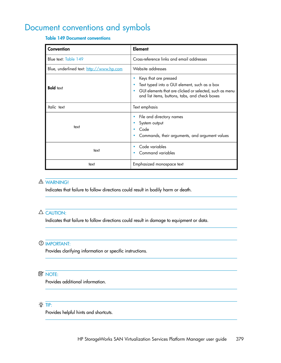 Document conventions and symbols, Document conventions | HP SAN Virtualization Services Platform User Manual | Page 379 / 398