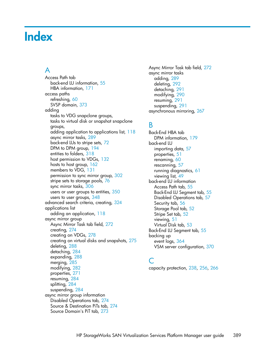 Index | HP SAN Virtualization Services Platform User Manual | Page 389 / 398