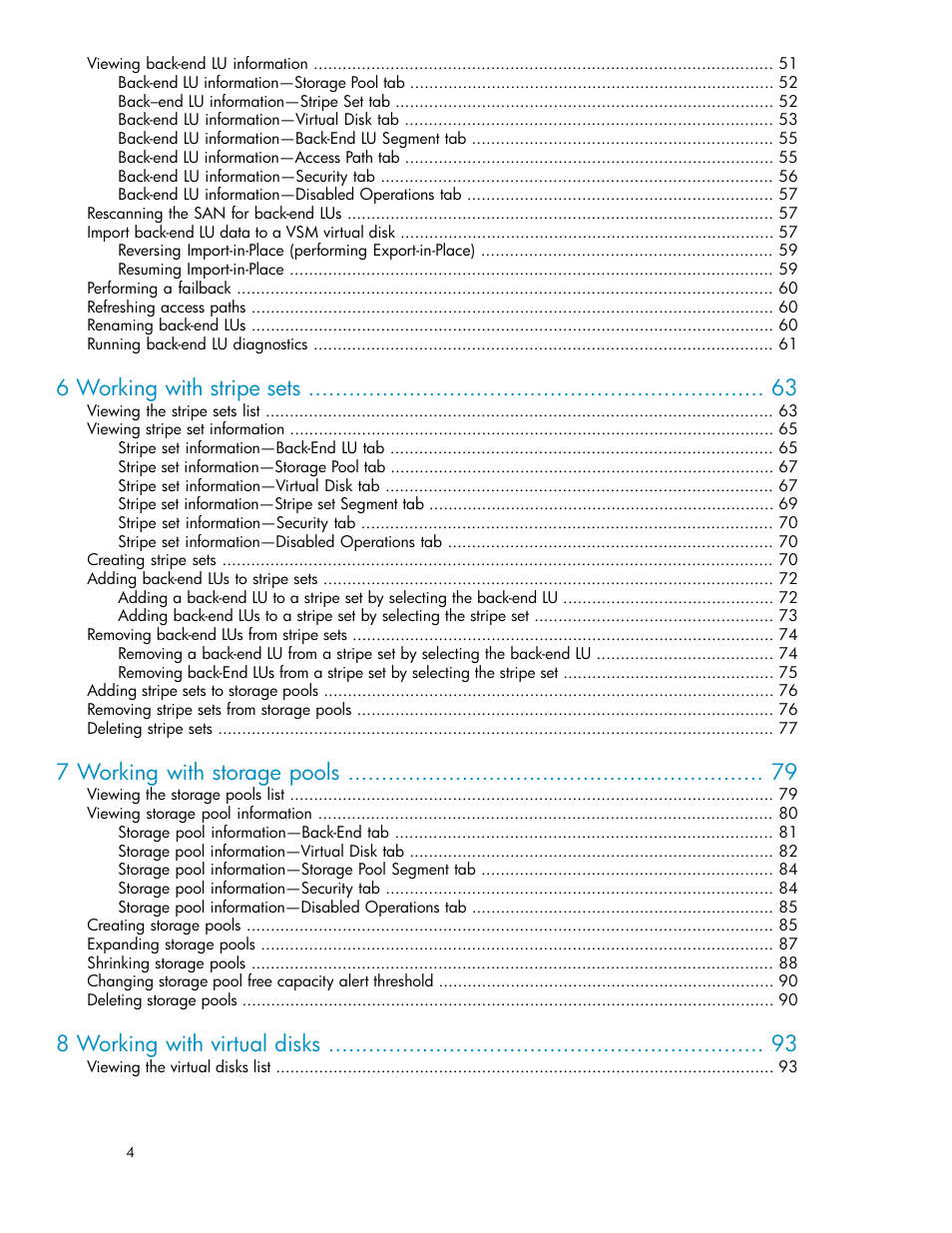 6 working with stripe sets, 7 working with storage pools, 8 working with virtual disks | HP SAN Virtualization Services Platform User Manual | Page 4 / 398
