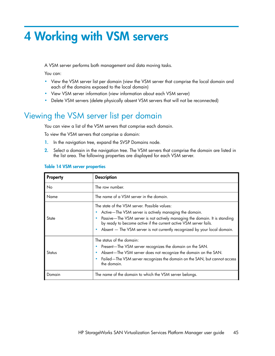 4 working with vsm servers, Viewing the vsm server list per domain, Vsm server properties | HP SAN Virtualization Services Platform User Manual | Page 45 / 398