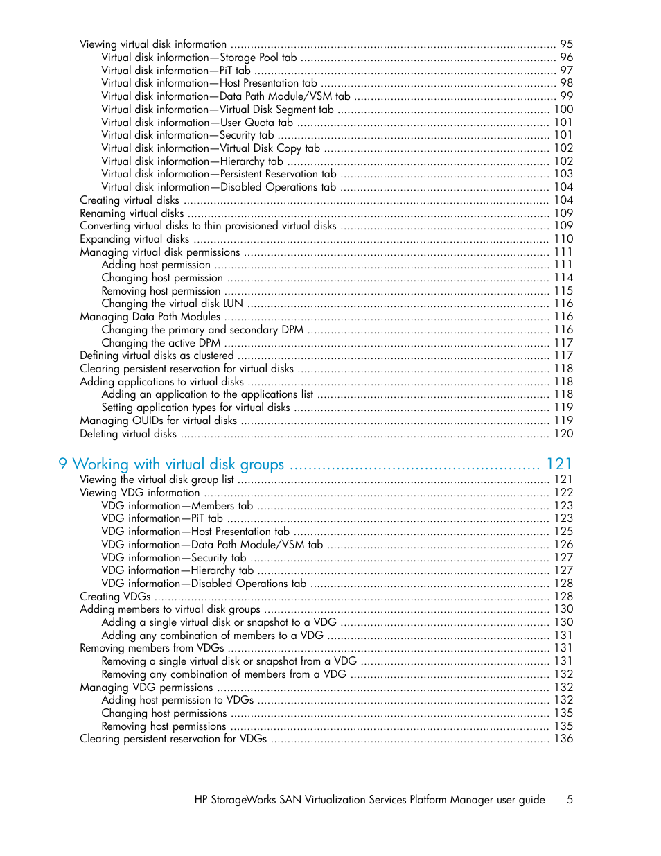 9 working with virtual disk groups | HP SAN Virtualization Services Platform User Manual | Page 5 / 398