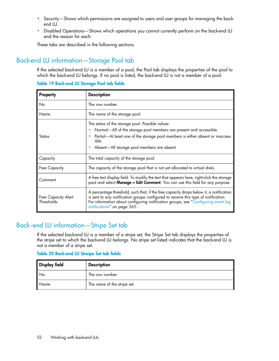 Back-end lu information—storage pool tab, Back–end lu information—stripe set tab, 52 back–end lu information—stripe set tab | Back-end lu storage pool tab fields, Back-end lu streipe set tab fields | HP SAN Virtualization Services Platform User Manual | Page 52 / 398