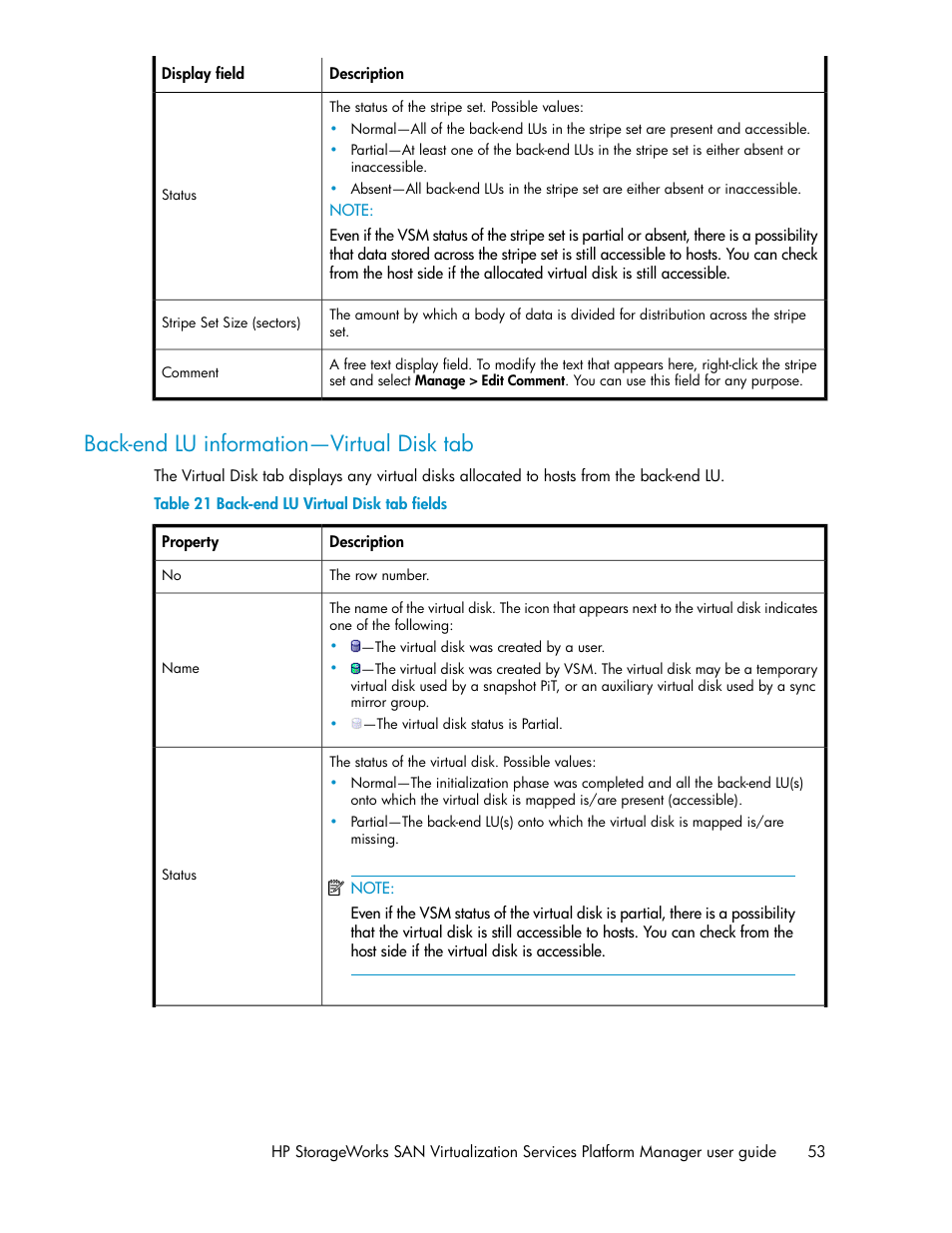 Back-end lu information—virtual disk tab, Back-end lu virtual disk tab fields | HP SAN Virtualization Services Platform User Manual | Page 53 / 398