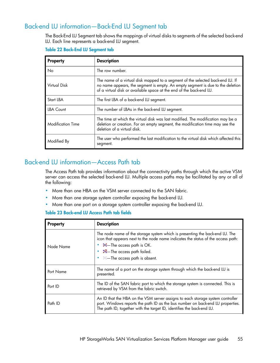 Back-end lu information—back-end lu segment tab, Back-end lu information—access path tab, 55 back-end lu information—access path tab | Back-end lu segment tab, Back-end lu access path tab fields, Back-end lu information--access, Path tab | HP SAN Virtualization Services Platform User Manual | Page 55 / 398