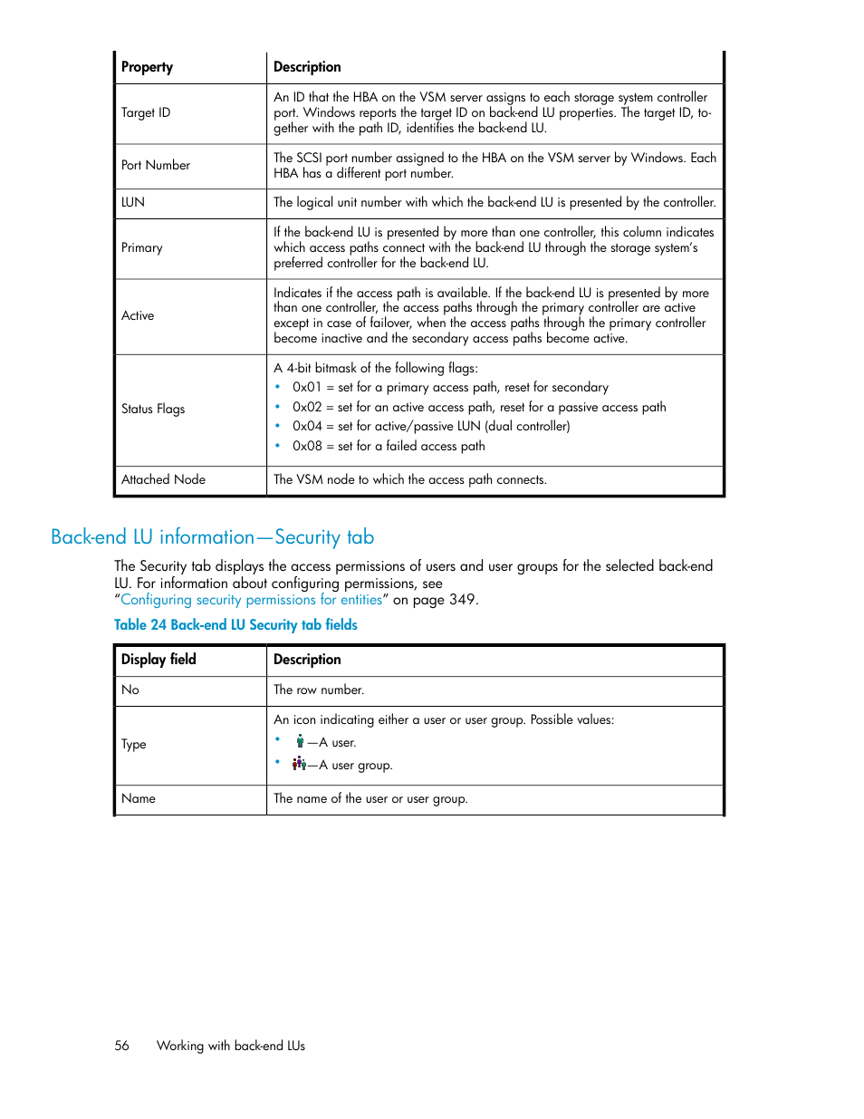 Back-end lu information—security tab, Back-end lu security tab fields | HP SAN Virtualization Services Platform User Manual | Page 56 / 398