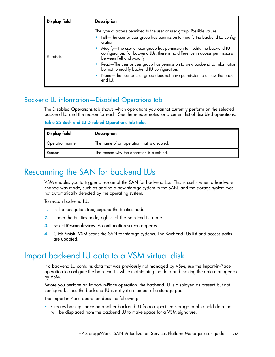 Back-end lu information—disabled operations tab, Rescanning the san for back-end lus, Import back-end lu data to a vsm virtual disk | 57 import back-end lu data to a vsm virtual disk, Back-end lu disabled operations tab fields, Importing back-end lu data to a vsm virtual disk | HP SAN Virtualization Services Platform User Manual | Page 57 / 398