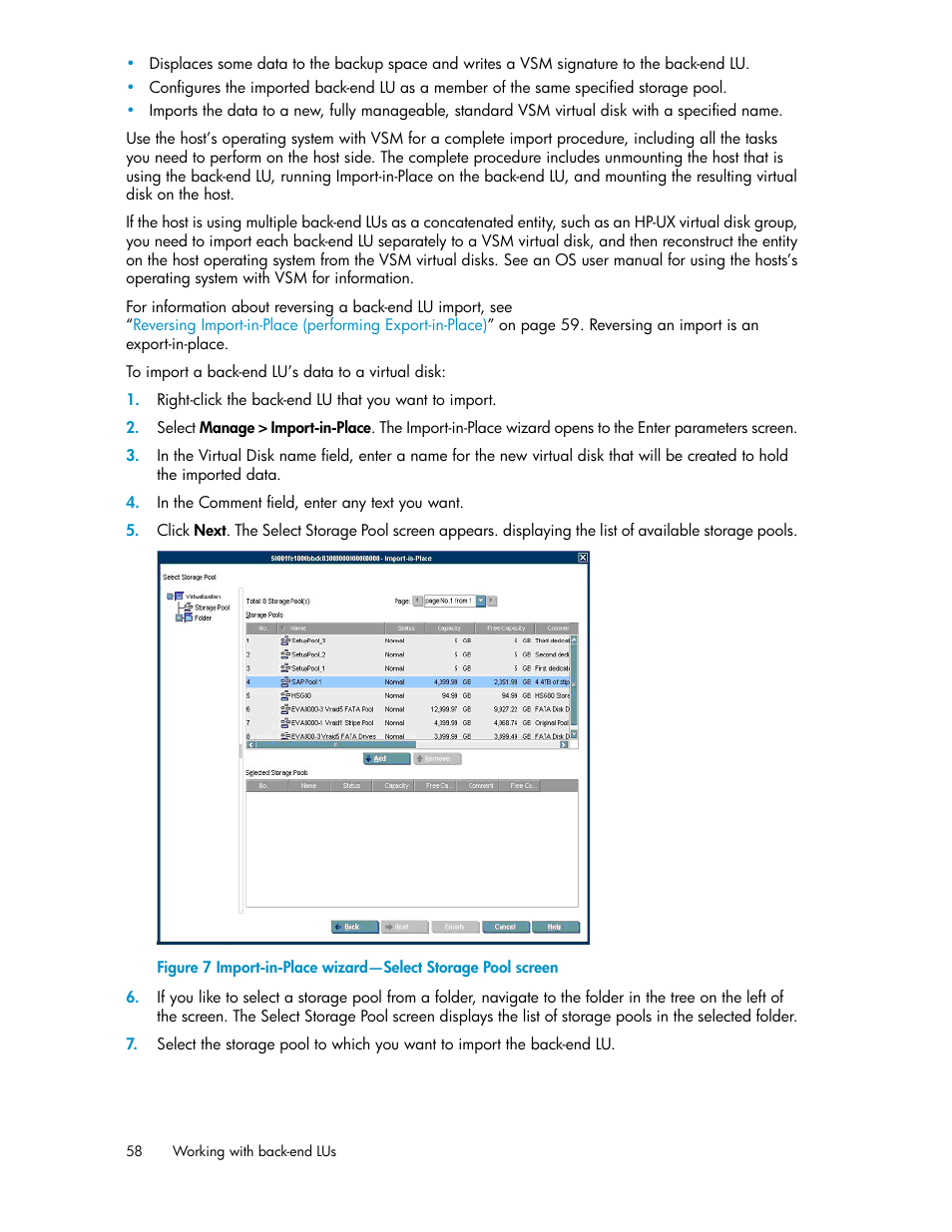 Import-in-place wizard—select storage pool screen | HP SAN Virtualization Services Platform User Manual | Page 58 / 398