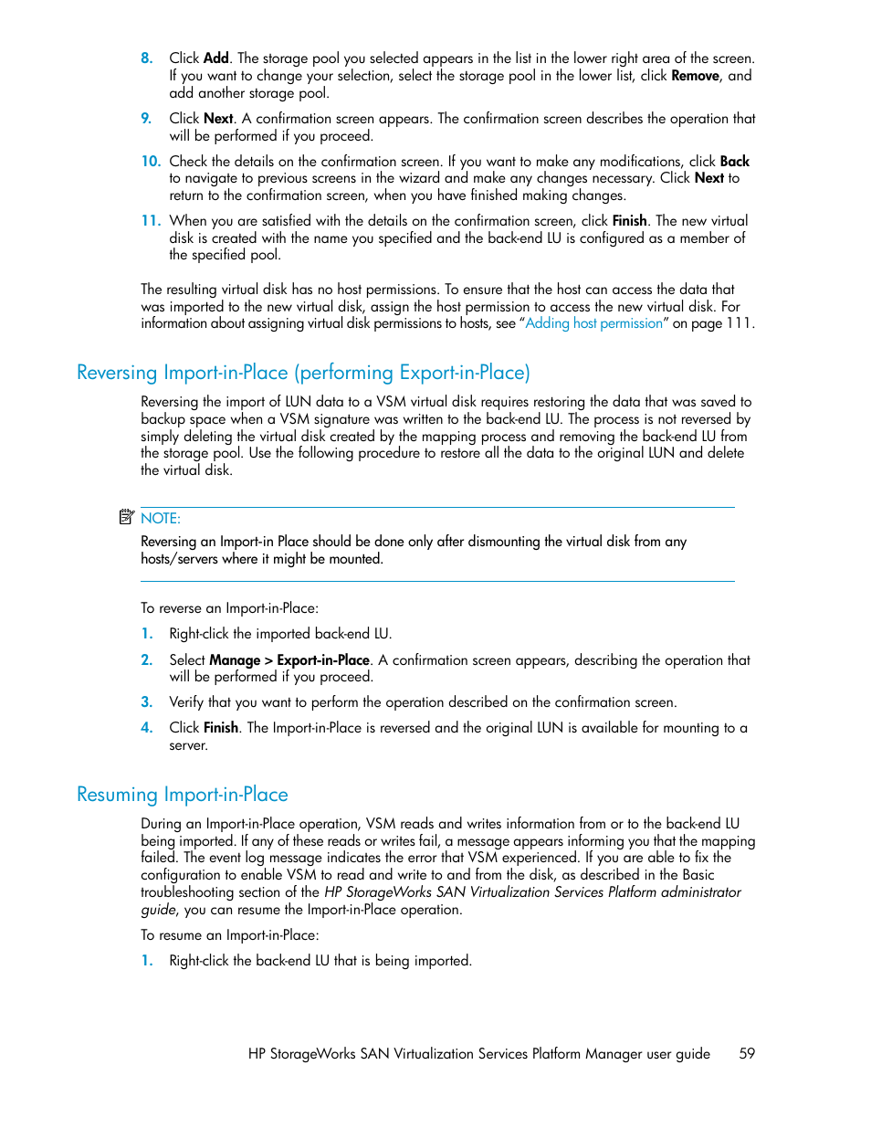 Resuming import-in-place, 59 resuming import-in-place | HP SAN Virtualization Services Platform User Manual | Page 59 / 398