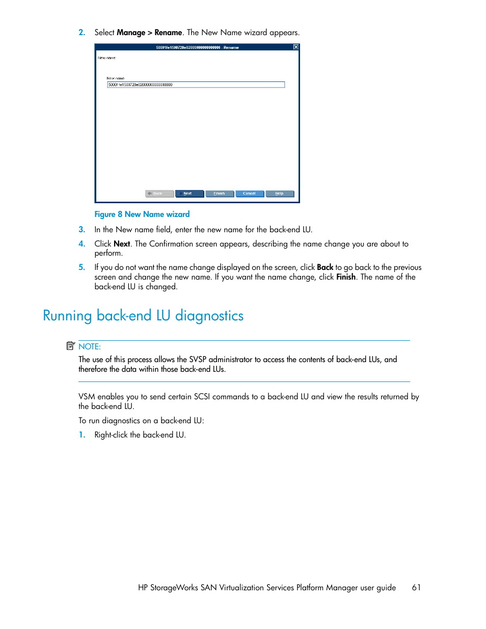 Running back-end lu diagnostics, New name wizard | HP SAN Virtualization Services Platform User Manual | Page 61 / 398