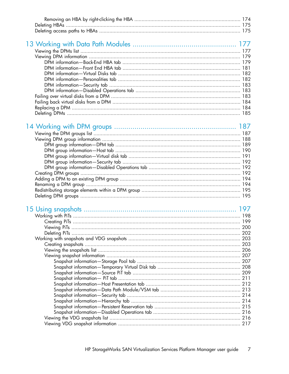 13 working with data path modules, 14 working with dpm groups, 15 using snapshots | HP SAN Virtualization Services Platform User Manual | Page 7 / 398