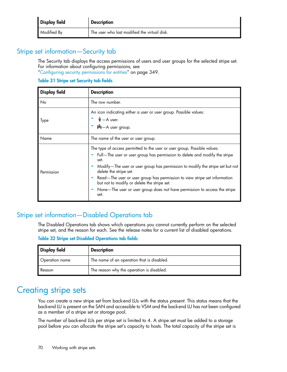 Stripe set information—security tab, Stripe set information—disabled operations tab, Creating stripe sets | 70 stripe set information—disabled operations tab, Stripe set security tab fields, Stripe set disabled operations tab fields | HP SAN Virtualization Services Platform User Manual | Page 70 / 398