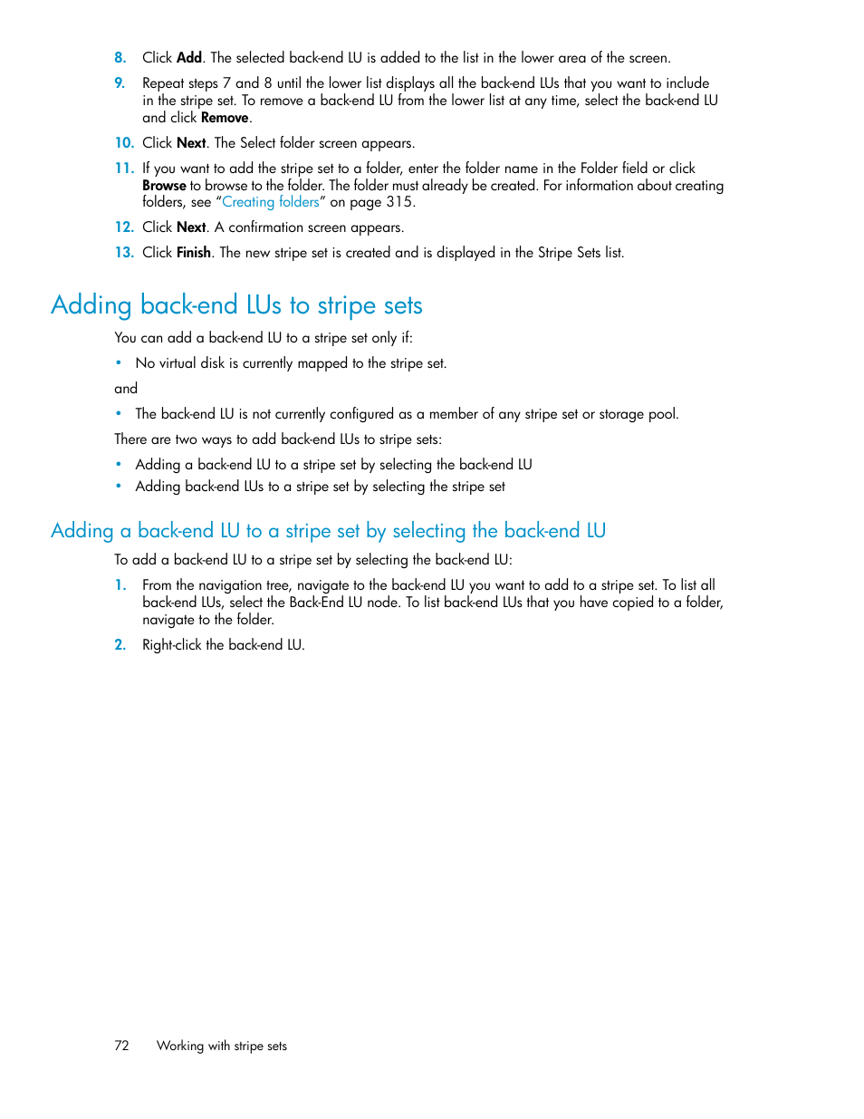 Adding back-end lus to stripe sets | HP SAN Virtualization Services Platform User Manual | Page 72 / 398