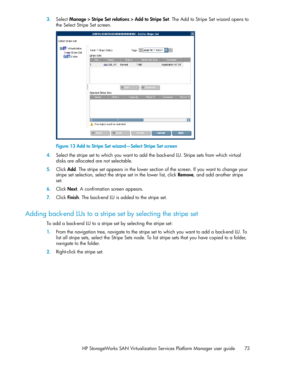 Add to stripe set wizard—select stripe set screen | HP SAN Virtualization Services Platform User Manual | Page 73 / 398