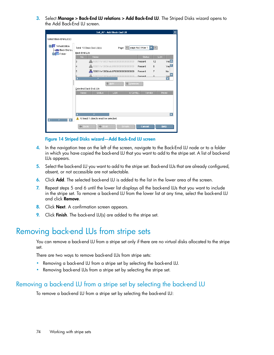 Removing back-end lus from stripe sets, Striped disks wizard—add back-end lu screen | HP SAN Virtualization Services Platform User Manual | Page 74 / 398