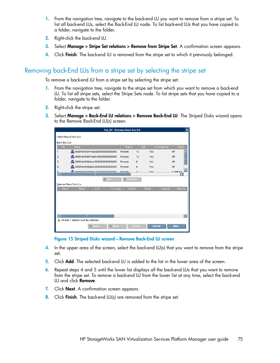 Striped disks wizard—remove back-end lu screen | HP SAN Virtualization Services Platform User Manual | Page 75 / 398