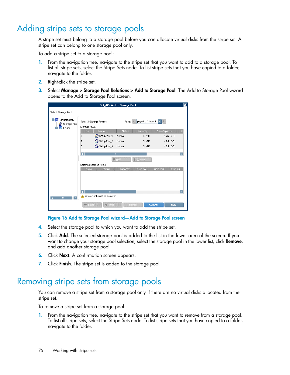 Adding stripe sets to storage pools, Removing stripe sets from storage pools, 76 removing stripe sets from storage pools | HP SAN Virtualization Services Platform User Manual | Page 76 / 398
