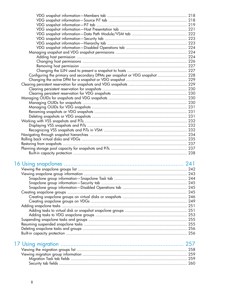 16 using snapclones, 17 using migration | HP SAN Virtualization Services Platform User Manual | Page 8 / 398