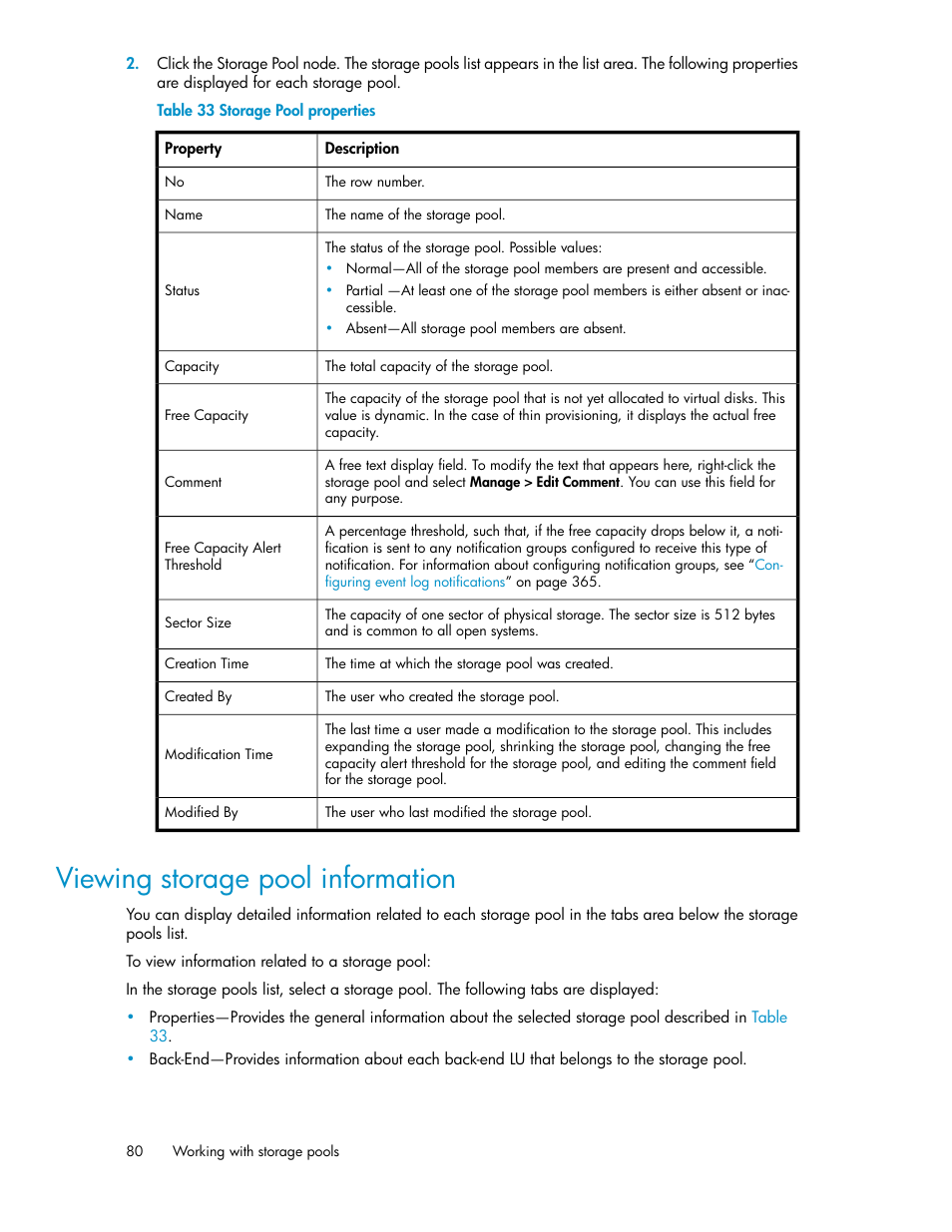 Viewing storage pool information, Storage pool properties | HP SAN Virtualization Services Platform User Manual | Page 80 / 398