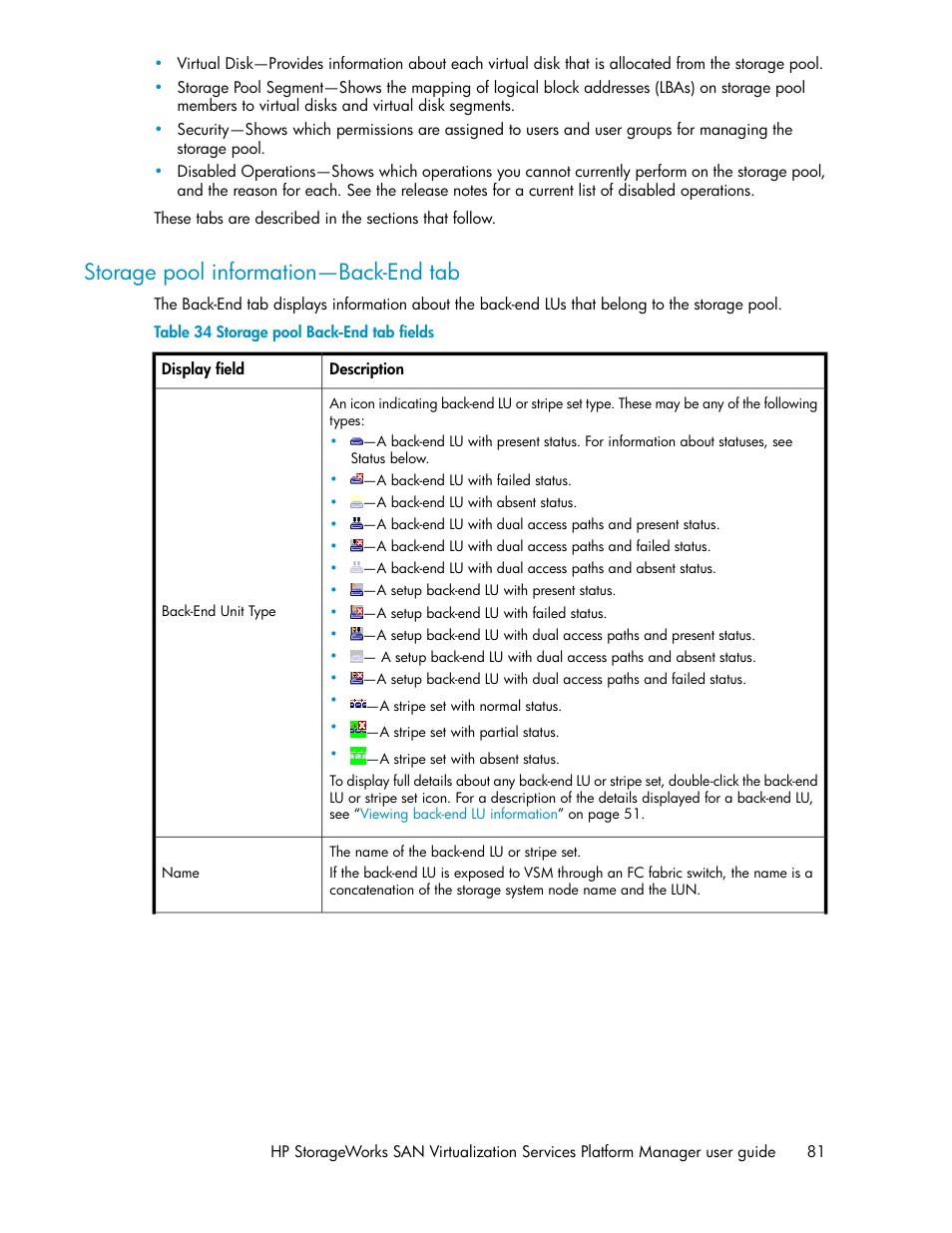 Storage pool information—back-end tab, Storage pool back-end tab fields | HP SAN Virtualization Services Platform User Manual | Page 81 / 398