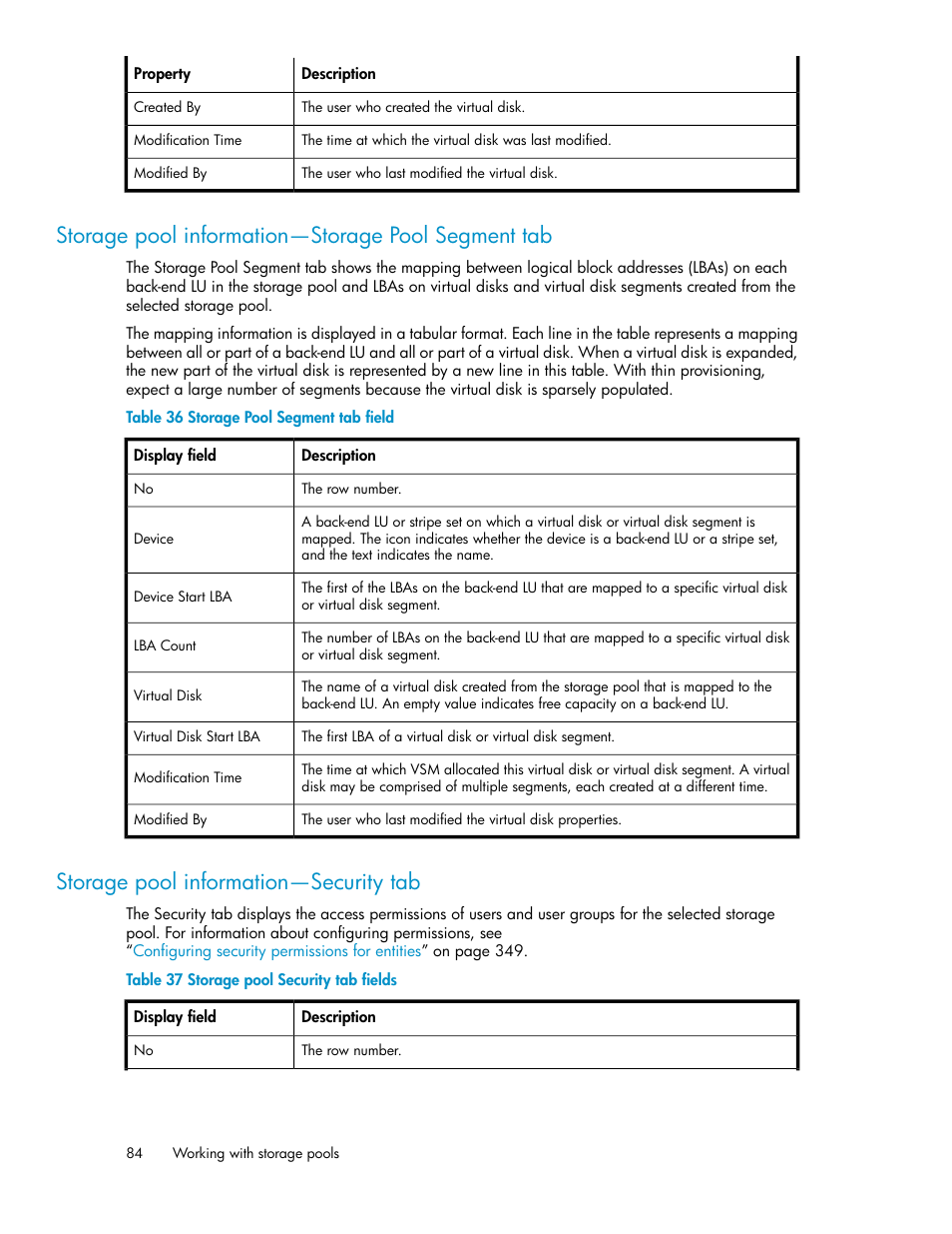 Storage pool information—storage pool segment tab, Storage pool information—security tab, 84 storage pool information—security tab | Storage pool segment tab field, Storage pool security tab fields | HP SAN Virtualization Services Platform User Manual | Page 84 / 398