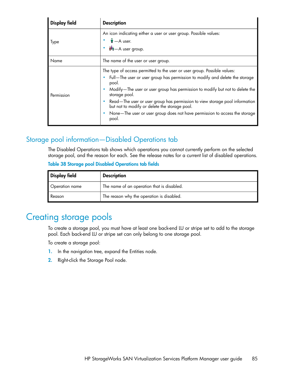 Storage pool information—disabled operations tab, Creating storage pools, Storage pool disabled operations tab fields | HP SAN Virtualization Services Platform User Manual | Page 85 / 398