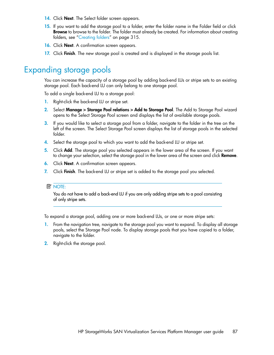 Expanding storage pools | HP SAN Virtualization Services Platform User Manual | Page 87 / 398