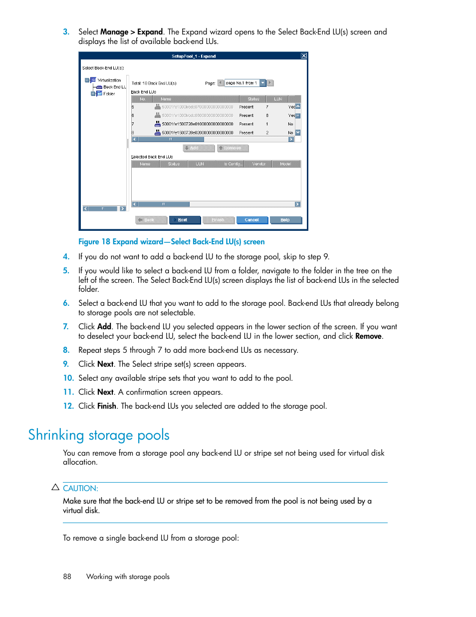 Shrinking storage pools, Expand wizard—select back-end lu(s) screen | HP SAN Virtualization Services Platform User Manual | Page 88 / 398
