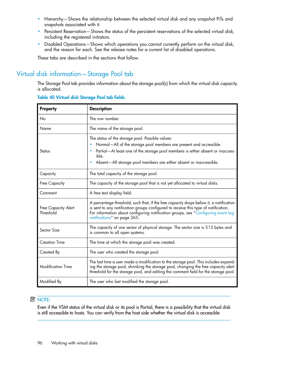 Virtual disk information—storage pool tab, Virtual disk storage pool tab fields | HP SAN Virtualization Services Platform User Manual | Page 96 / 398