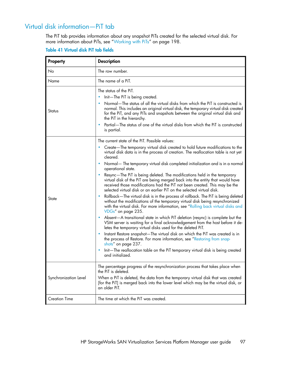 Virtual disk information—pit tab, Virtual disk pit tab fields | HP SAN Virtualization Services Platform User Manual | Page 97 / 398
