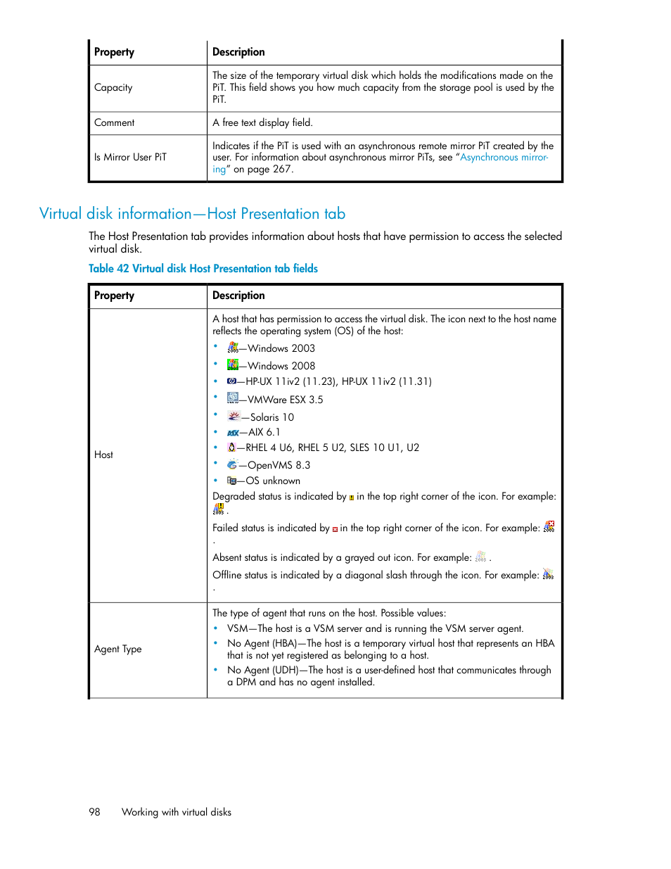 Virtual disk information—host presentation tab, Virtual disk host presentation tab fields | HP SAN Virtualization Services Platform User Manual | Page 98 / 398